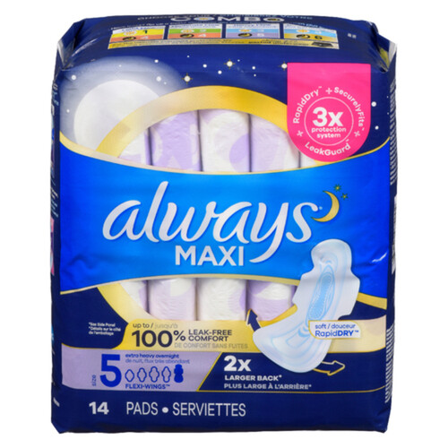 Always Maxi Pads Extra Heavy Overnight Size 5 With Wings 14 Count