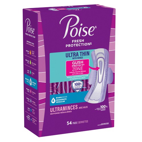 Poise Ultra Thin Pads Moderate Absorption Regular Length With Wings 54 Count