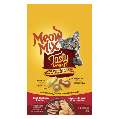 Meow Mix Dry Cat Food Tasty Layers Beef Salmon 1.36 kg