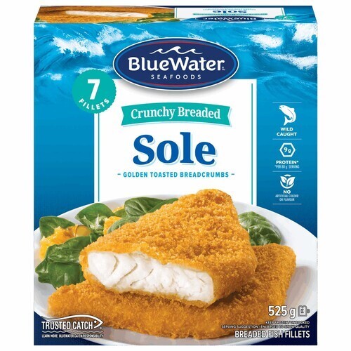 BlueWater Seafoods Frozen Crunchy Breaded Sole Fillets 525 g