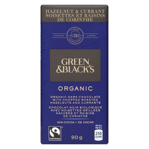 Green & Black's Organic Dark Chocolate Bar 60% Cocoa With Hazelnut And Currants 90 g