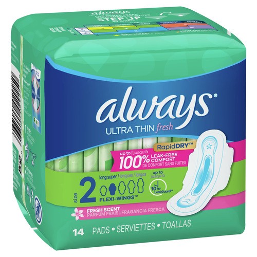Always Rapid Dry Ultra Thin Pads Size 2 With Wings Fresh Scent 14 Count