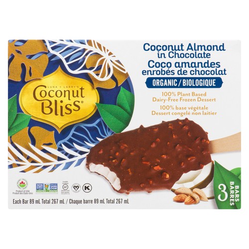 Luna & Larry's Ice Cream Bars Coconut Bliss Chocolate Almond Crunch 3 Pack