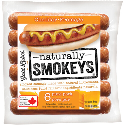 Gold Label Naturally Smokeys Gluten-Free Sausage Pure Pork Cheddar 375 g