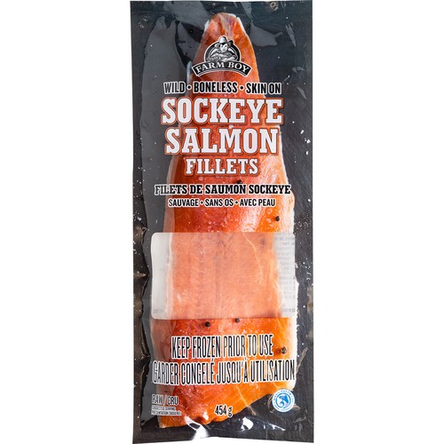 Farm Boy Frozen Fish Wild Sockeye Salmon Fillets Boneless Skin On 454 g