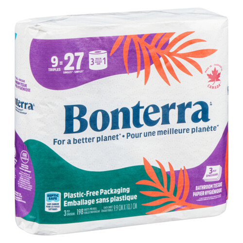 Bonterra Toilet Paper 3-Ply 9 Triple Rolls x 198 Sheets