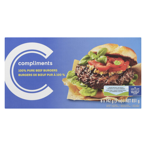 Compliments Raised Without Antibiotics Frozen 100% Pure Beef Beef Burgers 6 Patties 851 g