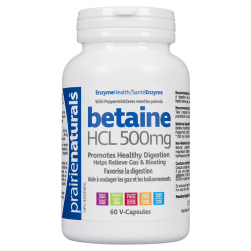 Prairie Naturals Gluten-Free Betaine HCL 500 mg V-Capsules 60 Count