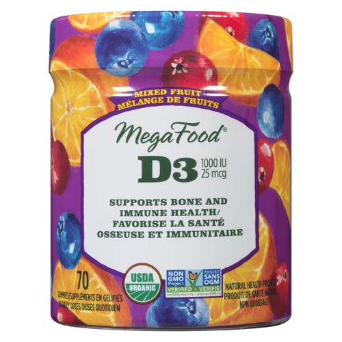 MegaFood Organic D3 Nutritional Supplements Mixed Fruit Gummies 70 Count