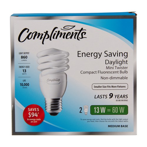 Compliments CFL Mini Twist Light Bulbs 13W Daylight 2 EA