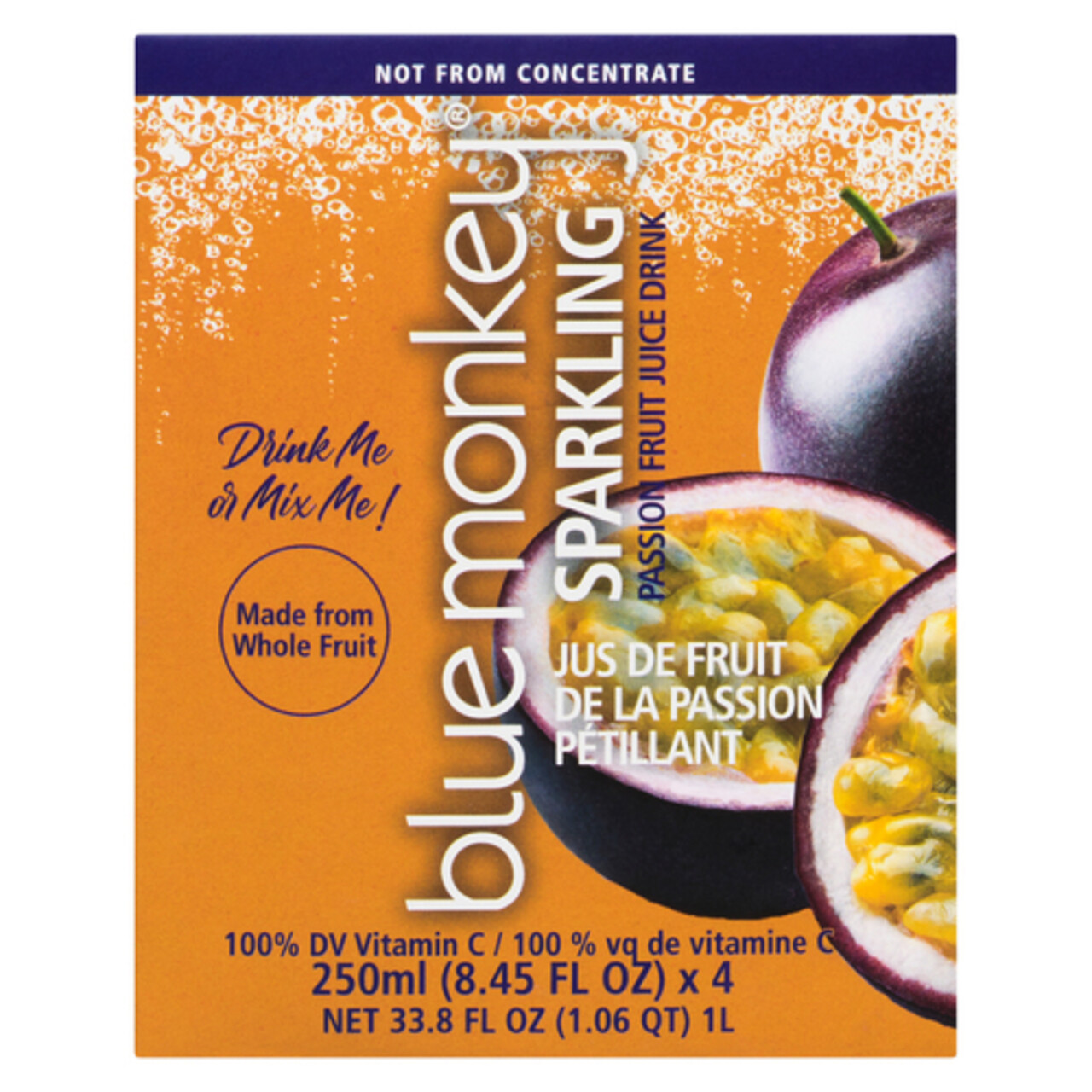 Blue Monkey Sparkling Juice Passion Fruit 4 x 250 ml (cans) Voilà