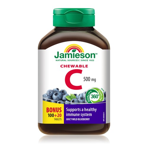 Jamieson Chewable Vitamin C 500 mg Tablets Juicy Wild Blueberry 120 Count