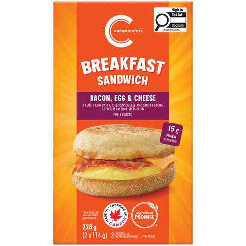 Compliments Frozen Breakfast Sandwich Bacon Egg & Cheese Muffin 228 g