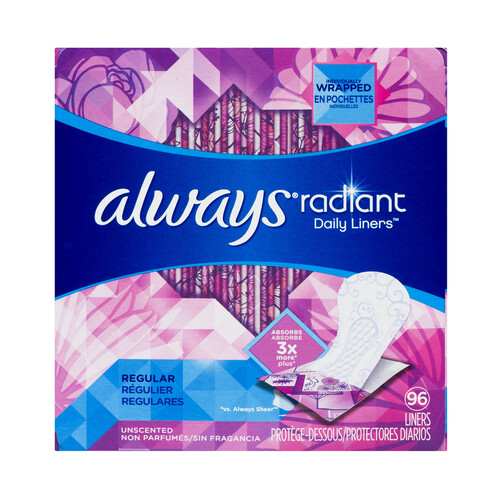 Always Radiant Panty Liners Regular Unscented 96 Count