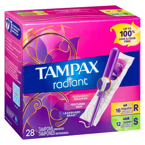 Tampax Radiant Tampons Regular And Super Unscented 28 Count