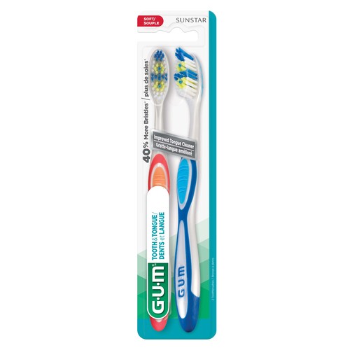 GUM Tooth & Tongue Toothbrush Regular Medium Bristles 2 Count