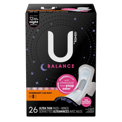 U by Kotex Balance Ultra Thin Pads Overnight With Wings 26 Count