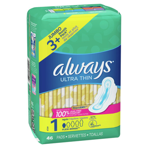Always Ultra Thin Pads Regular Size 1 With Wings 46 Count (Value Size)