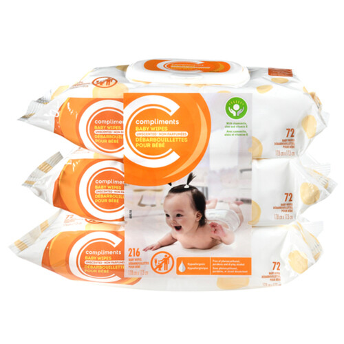 Compliments Unscented Baby Wipes 216 Count