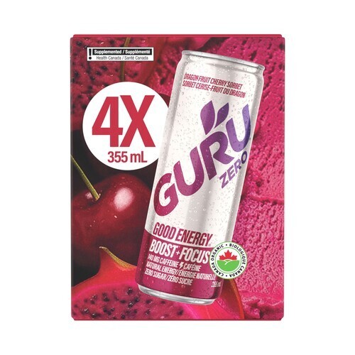 Guru Zero Sugar Organic Energy Drink Dragon Cherry Sorbet 4 x 355 ml (cans)