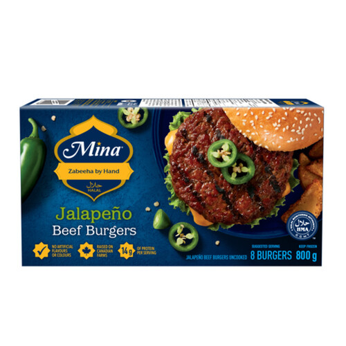 Mina Halal Frozen Beef Burgers Jalapeño 800 g