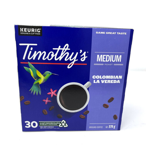 Timothy's Coffee Pods Colombian La Vereda Medium Roast K-Cups 30 Count