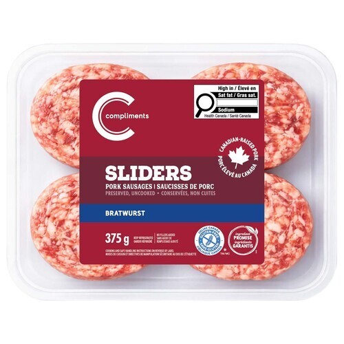 Compliments Frozen Pork Sausage Sliders Bratwurst 375 g
