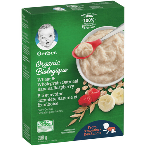 Gerber Organic Baby Cereal Wheat & Wholegrain Oatmeal, Banana & Raspberry 208 g