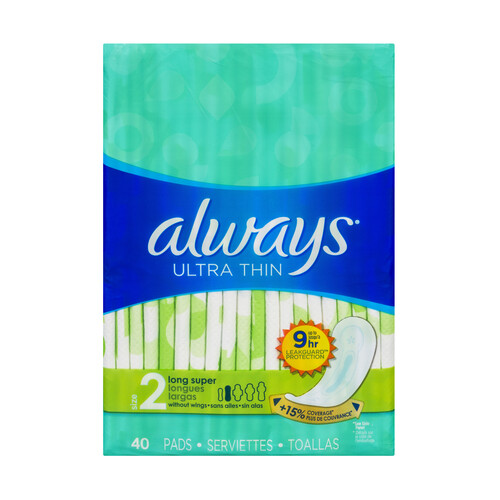 Always ultra long thin pads without wings, unscented, size 2, 40 ea