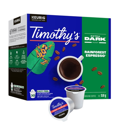 Timothy's Coffee Pods Rainforest Espresso Extra Dark K-Cups 30 EA