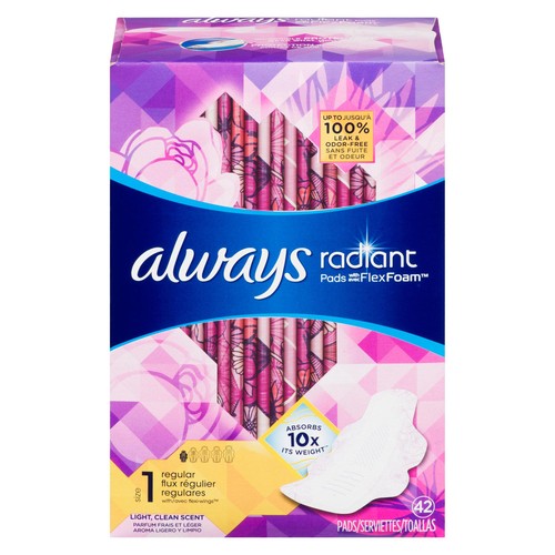 Always Radiant Pads With Wing Regular 42 Count
