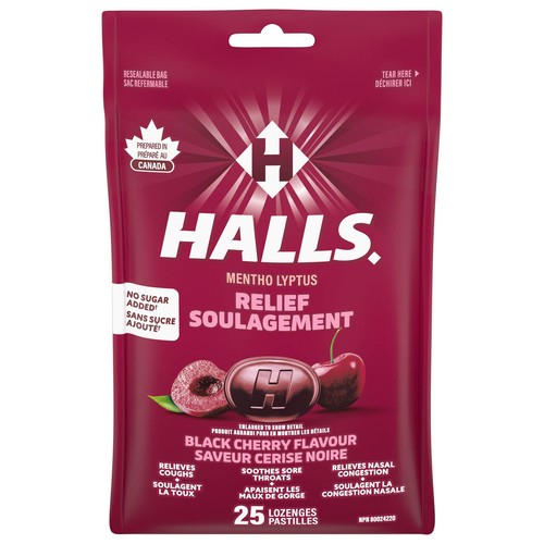 Halls Mentho-Lyptus No Sugar Added Cough Drops Black Cherry Flavour 25 Lozenges
