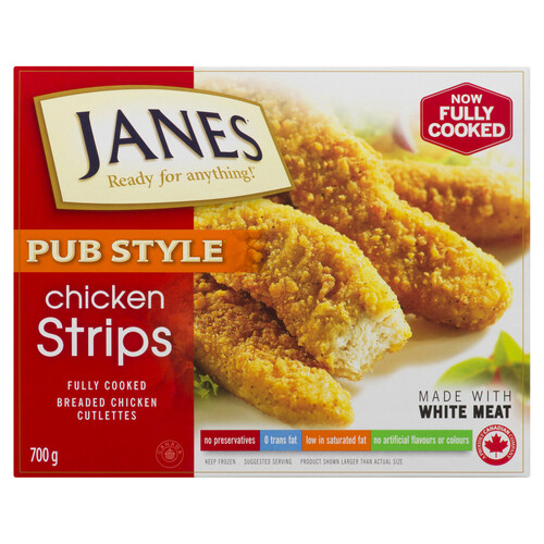 Janes Fully Cooked Frozen Chicken Breast Strips Pub Style 700 g