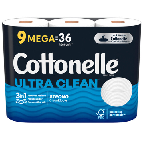 Cottonelle Toilet Paper Ultra Clean Strong 9 Mega Rolls x 312 Sheets 
