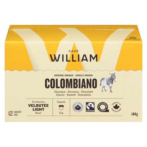 Café William Coffee Pods Organic Single Origin Colombiano Light Roast 12 K-Cups 144 g