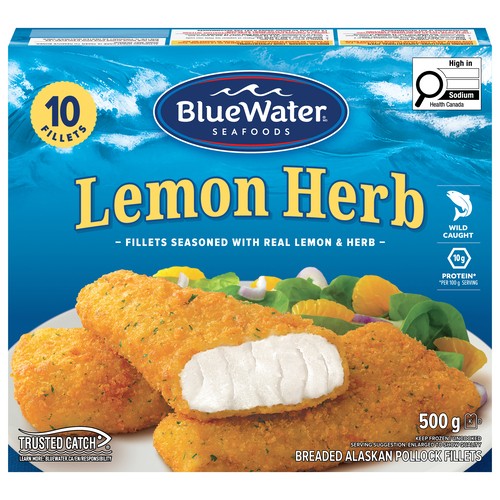BlueWater Seafoods Frozen Breaded Alaska Pollock Fillets Lemon Herb 500 g
