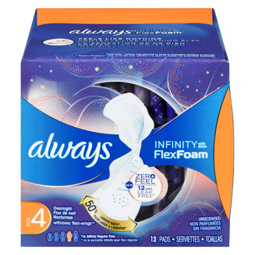 Always Infinity Flex Foam Overnight Pads Size 4 Unscented 13 Pads
