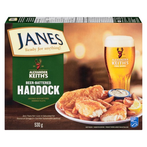 Janes Alexander Keith's Frozen Uncooked Haddock Fillets Beer Battered 530 g