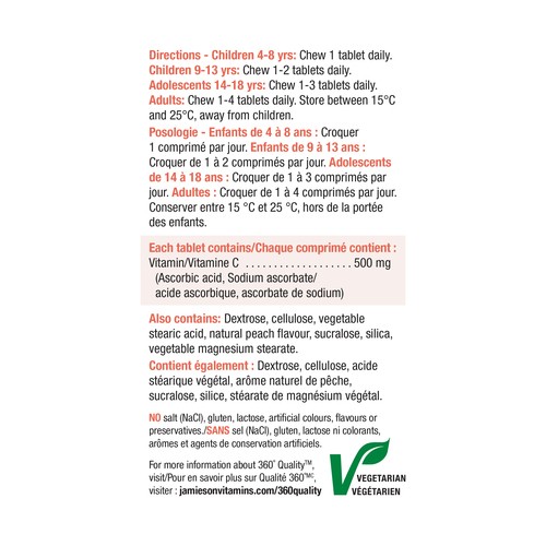 Jamieson Supplement Vitamin C Chewable Juicy White Peach 100 Count