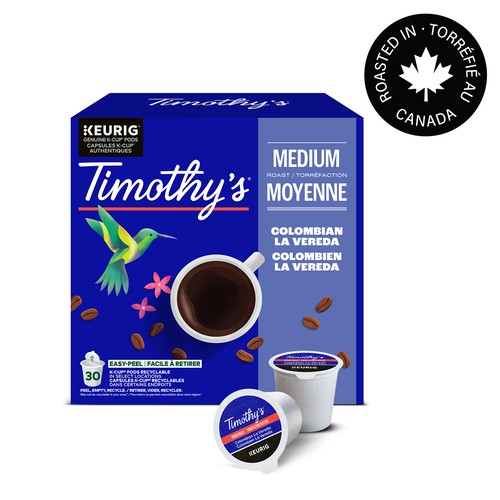 Timothy's Coffee Pods Colombian La Vereda Medium Roast K-Cups 30 Count