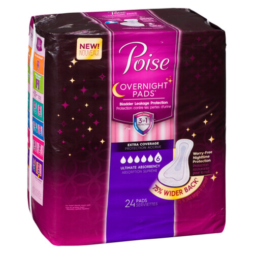 Poise Overnight Ultimate Absorbency Pads Extra Coverage Non Winged 24 Count
