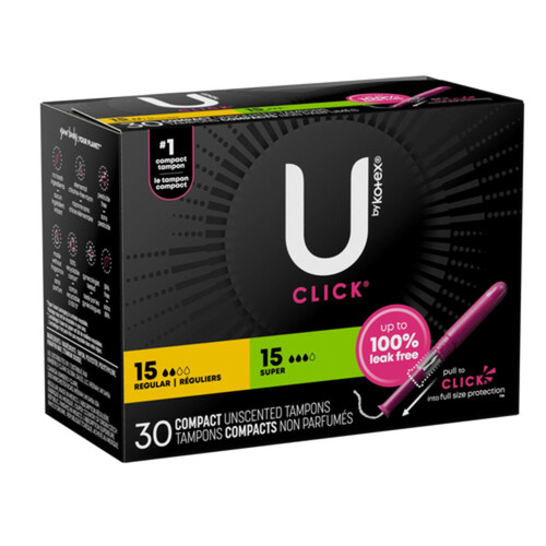 U by Kotex Click Comfort Tampons Regular/Super Unscented 30 Count