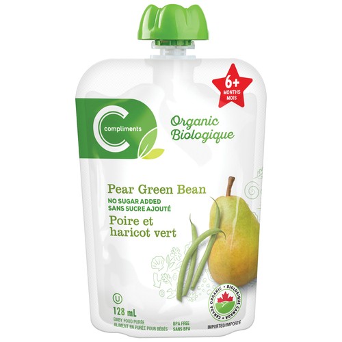Compliments Organic Baby Food Purée Pear & Green Beans 128 ml