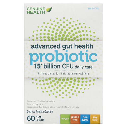 Genuine Health Vegan Capsules Advanced Gut Health Probiotic 15 Billion CFU 60 Count