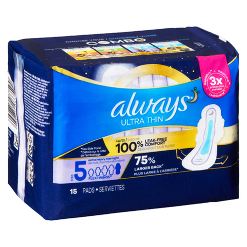 Always Ultra Thin Pads Extra Heavy Overnight Size 5 With Wings 15 Count -  Voilà Online Groceries & Offers