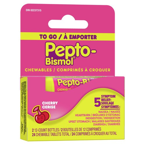 Pepto Bismol To-Go Stomach Relief Cherry 2 Bottles 24 Chewable Tablets