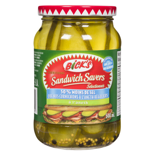 Bick's Sandwich Savers Pickles Tangy Dill 50% Less Salt 500 ml