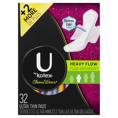 U by Kotex Clean Wear Ultra Thin Pads Heavy Flow Absorbency With Wings 32 count