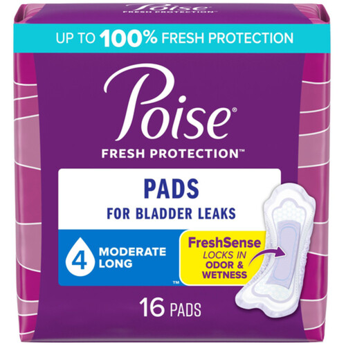 Poise Moderate Absorption Pads Long Length Without Wings 16 Count