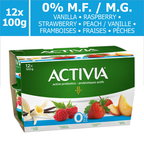 Activia Fat-Free Probiotics 0% Yogurt Vanilla Strawberry Peach Raspberry Value Size 12 x 100 g